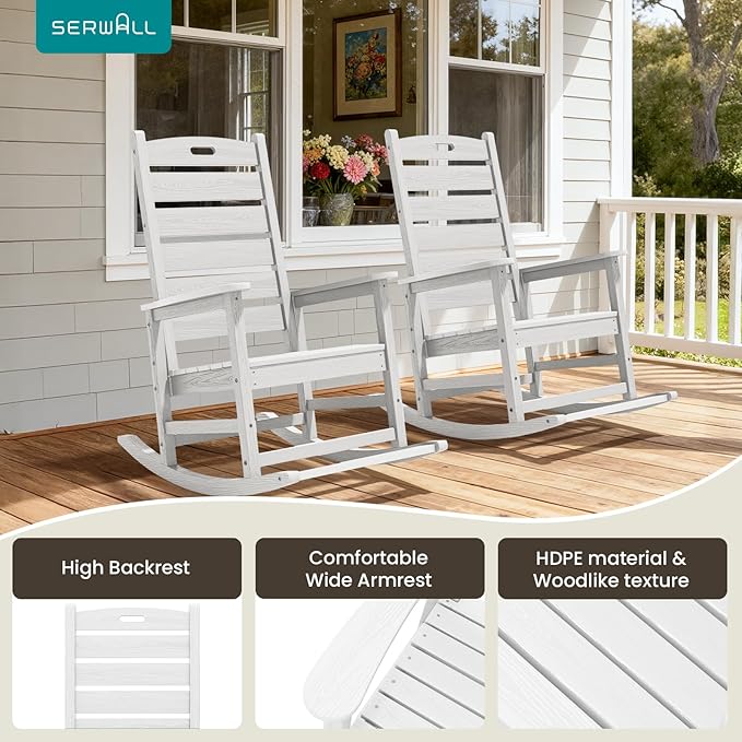 SERWALL HDPE Outdoor Rocking Chair, Oversized Rocking Chair with Footboard, High Back Porch Rocker Chair with 350lbs Support, White SERWALL