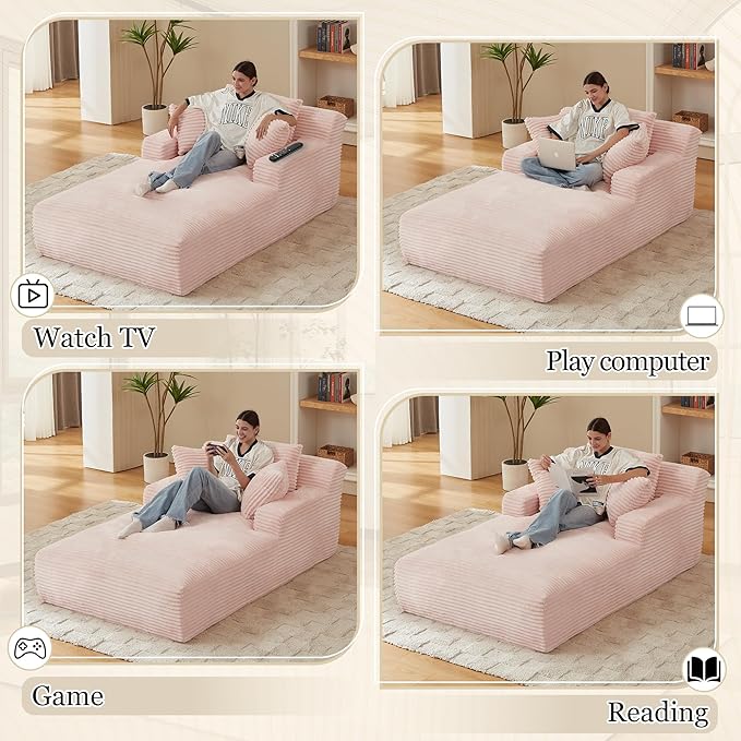 Chaise Lounge Chair Indoor, 50 Inch Oversized Corduroy Upholstered Boneless Sofa Bed, Deep Seat Sleeper Couch Reading Chairs, Cloud Sofas Couches for Living Room (Pink, 50" W x 80" D) HANXIN