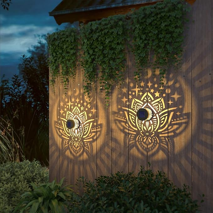 4 Pack Solar Fence Lights Metal Solar Powered Outdoor Wall Deck Lights Lotus Theme Waterproof Fence Light for Garden Post Patio Backyard Yard Decor (Lotus, 4 Pack) gardencave
