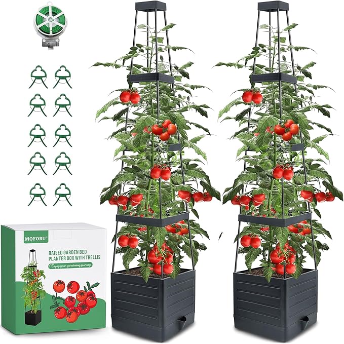 MQFORU 2 Packs Raised Garden Bed Tomato Planter with Trellis, 57" Tomato Cages for Climbing Vegetables Plant, Self Watering Planters Box for Garden Pots for Patio Greenhouse Indoor Outdoor（2PCS） MQFORU