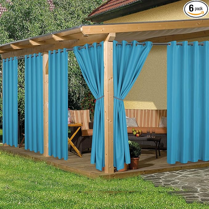 HolidayIdeas Outdoor Curtains for Patio Waterproof, 6 Panels - 54x84 Inches - Weatherproof Privacy Outsides Curtains for Cabana Porch Pergola, Sunlight & UV Blocking (Teal, Grommet Top) HolidayIdeas