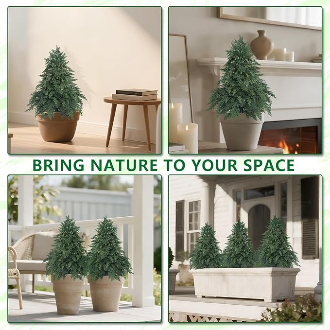 Artificial Cypress Topiary Cedar Trees with Ground Spike, 2 Pieces Fake Pine Shrubs Bushes, UV Resistant Faux Evergreen Tree Plants for Indoor Outdoor Planters Front Porch FEELTHENEWWORLD
