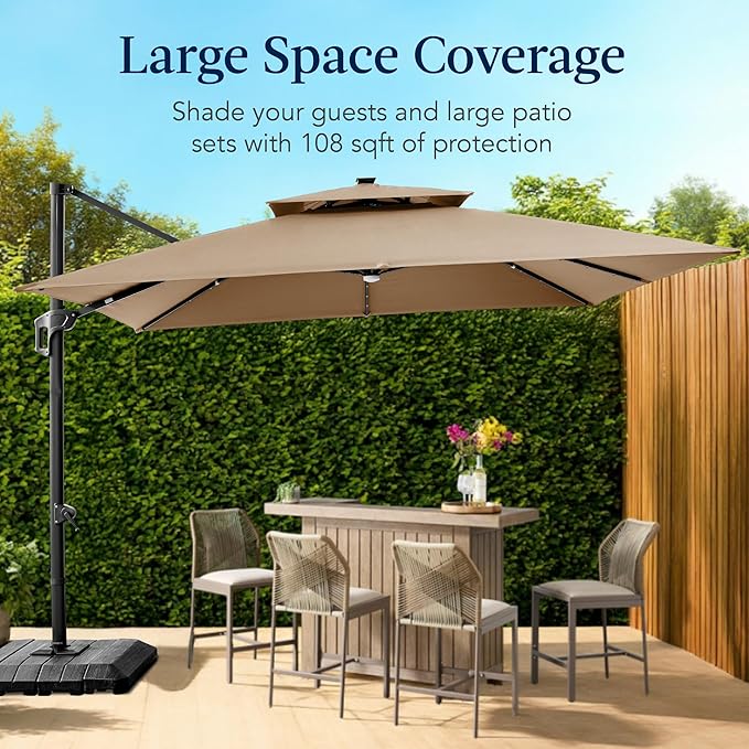 Best Choice Products 9x12ft LED Cantilever Patio Umbrella w/Base Included & 360° Rotation, Large Solar Offset Hanging Outdoor Sun Shade for Deck, Backyard Table w/Stand & Lights – Tan BestChoiceProducts