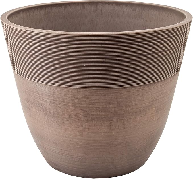 PSW Pot Collection FM35TP 14-inch Plastic/Stone/Wood Composite Large Ribbed Planter – No Drainage Hole (Drillable), Indoor/Outer Garden Pot for Foliage, Trees, Flowers, Ferns, Taupe PSW