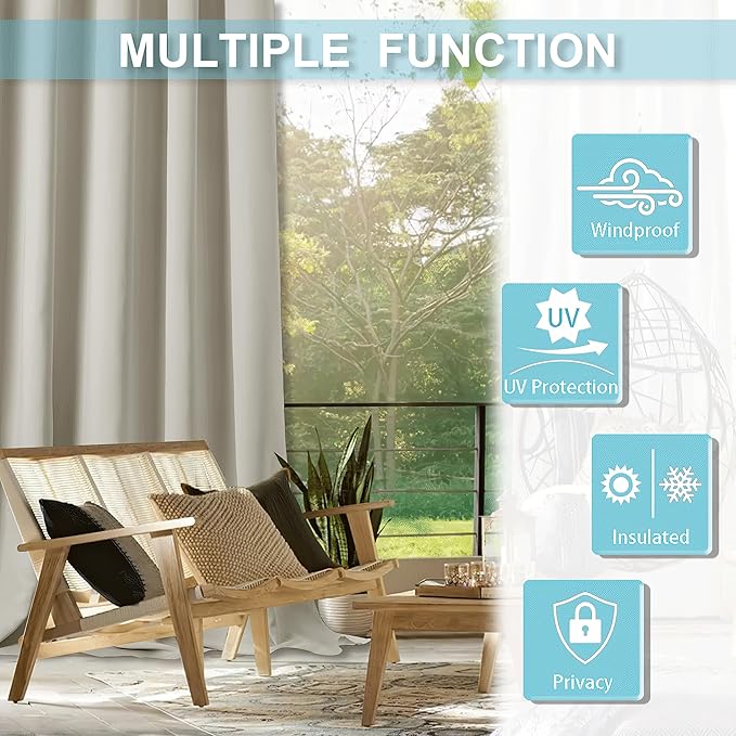RYB HOME Extra Wide Outdoor Curtains for Patio Waterproof Heavy Duty Thermal Insulated in Summer Full Coverage Privacy for Gazebo, Cabana & Pergola, W100" x L108", Natural, 1 Panel RYBHOME