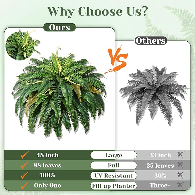 MARTINE MALL 48 inch Fake Ferns Artificial Ferns for Outdoors Look Real, 88 Branches Large Faux Boston Fern for Outdoor Planter Realistic UV Resistant Hanging Artificial Fake Plants for Porch Patio MARTINEMALL