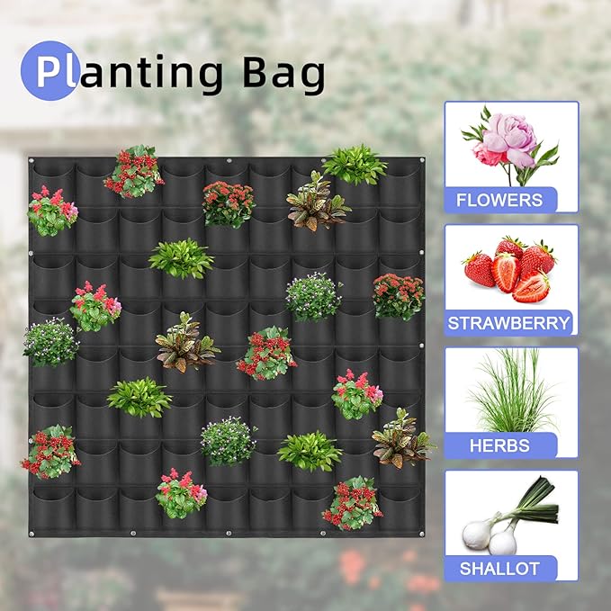 72 Pockets Hanging Planter Bags, Hanging Vertical Wall Mounted Plant Planting Grow Bags, Herb Garden Planter Outdoor Indoor Growing Bag, Gardening Vertical Greening Flower Container(1m×1m, Black) Pehciroe