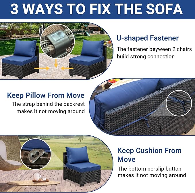Jing's Villa 8-Piece Patio Furniture Set, All-Weather Outdoor Wicker Sectional Sofa with Cushions, Glass Table & Left and Right Armrest, Rattan Conversation Seating for Porch, Garden, Backyard,Navy JingsVillaOutdoorFurniture
