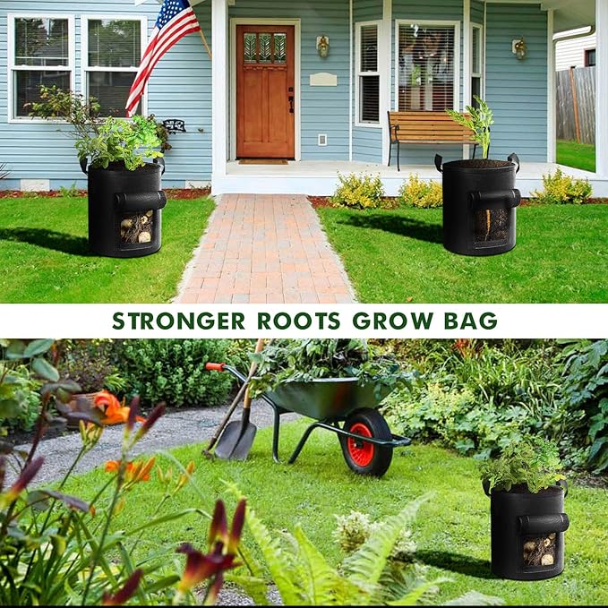 5-Pack 10 Gallon Potato Grow Bags, Garden Planting Bag with Reinforced Handle, Thickened Nonwoven Fabric Pots for Tomato, Vegetable and Fruits Cavisoo