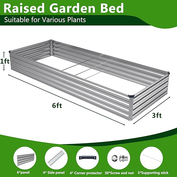 2PCS 6x3x1ft Galvanized Raised Garden Bed Kit, Galvanized Planter Raised Garden Boxes Outdoor, Large Metal Raised Garden Beds for Vegetables,Silver Easllre
