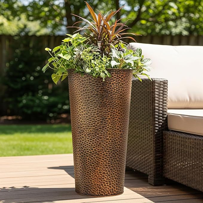 Worth 2 Pack 25" Tall Narrow Metal Planter with Inside Pot for Indoors or Outdoors, Deck, Patio or Front Porch, Hand-Hammered Texture, Bronze WORTH