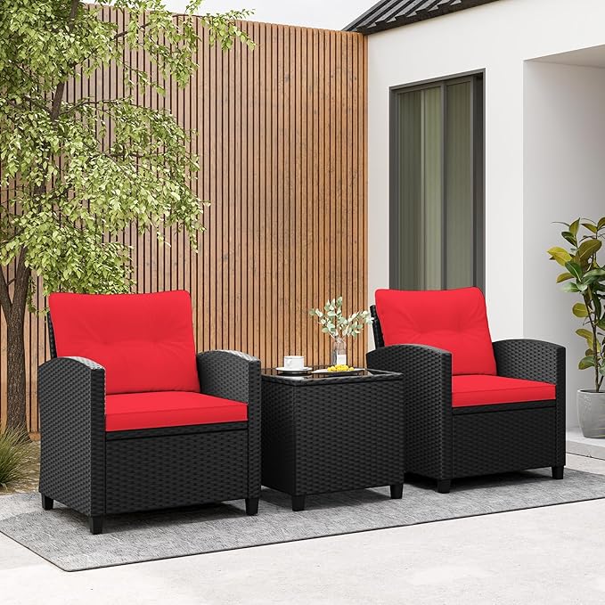Tangkula 3 Pieces Patio Furniture Set, Rattan Conversation Set w/Soft Seat & Back Cushions, Tempered Glass Topped Coffee Table, Cushioned Wicker Seating for Backyard, Porch, Poolside (Red) TANGKULA