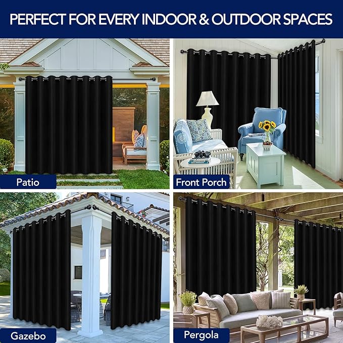PureFit Outdoor Curtains for Patio Waterproof Weatherproof, UV Resistant Outside Curtains for Gazebo, Front Porch, Pergola, Sun Blocking Privacy Curtain, 120W x 95L inch, 1 Panel, Black PureFit