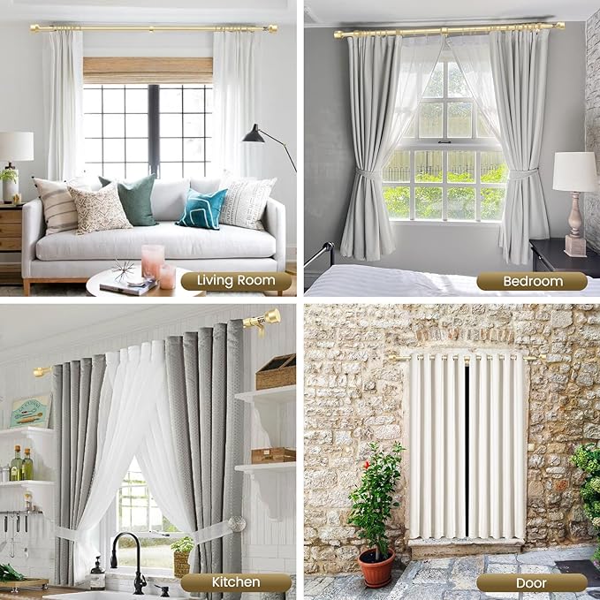 Gold Curtain Rod Itself is 30-144 inch 2 Pack, Fit 30 to 142, 66 to 120 inch Windows with 1 Inch Diameter, Splicing Extra Long Heavy Duty Adjustable Telescopic Rod Rootora