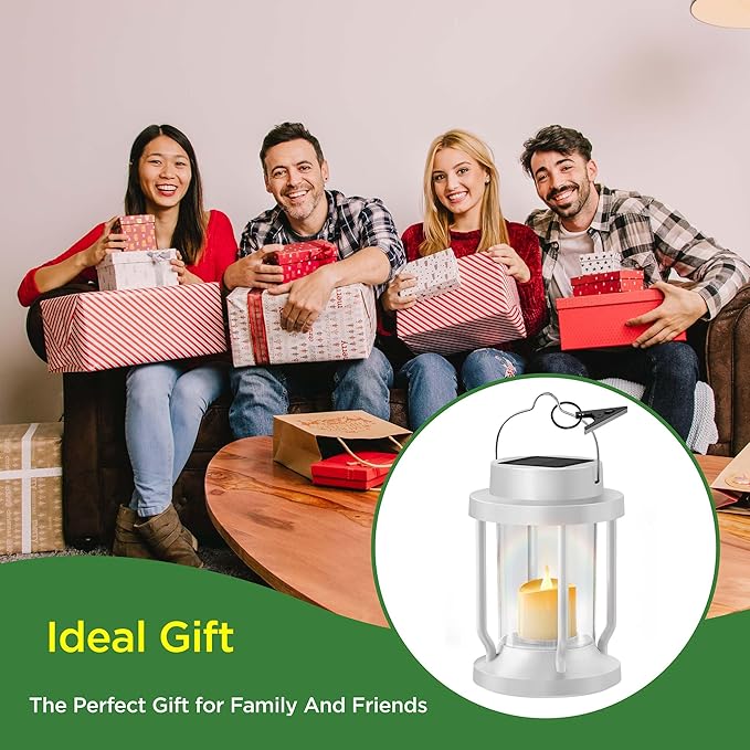 Solar Lantern Outdoor & Indoor Use – Hanging Solar Lights with Realistic Flickering Flameless Candle, Weatherproof for Gardens, Patios, Trees, and Lawns (White, 4 Pack) Rootora