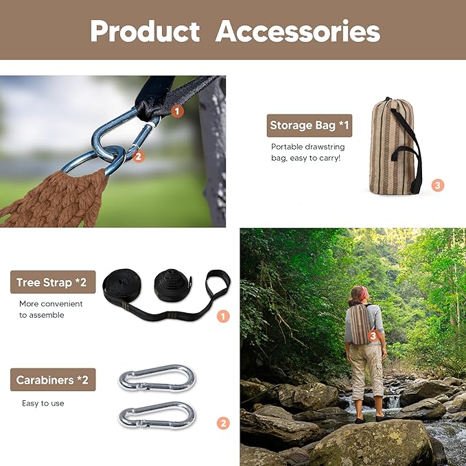 SUNCREAT Hammocks Double Hammock with Curved Spreader Bar, Outdoor Camping Portable Hammock with Carrying Bag & Tree Straps for Patio, Backyard, Balcony, Max 450lbs Capacity, Brown SUNCREAT