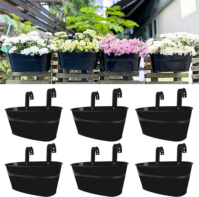 LaLaGreen Outdoor Rail Planter (11.8 Inch, 6 Pack) Black Metal Iron Hanging Flower Pots Deck Railings Fence Buckets Outside Countryside Boho Style Wall Mount Window Box Plant Holder Hook Porch Decor L%C3%A1L%C3%A1Green