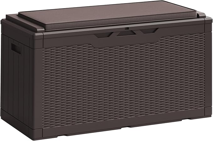 Greesum 100 Gallon Resin Deck Box Large Outdoor Storage Boxes with Cushions for Garden Tools, Patio Furniture Pillows, Pool Supplies, Dark Brown BuynowfromGreesum