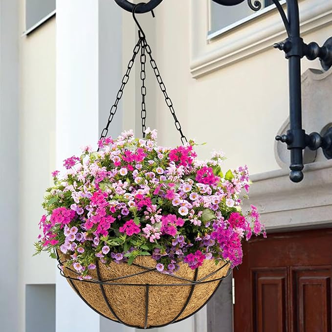 2 Pack 18 Inch Extra Large Deep Hanging Baskets for Plants Outdoor Metal Hanging Planters Flower Pots with Coco Liners Black Hanging Plant Holder for Porch Balcony Garden Planting KarlliuHOMEGARDEN