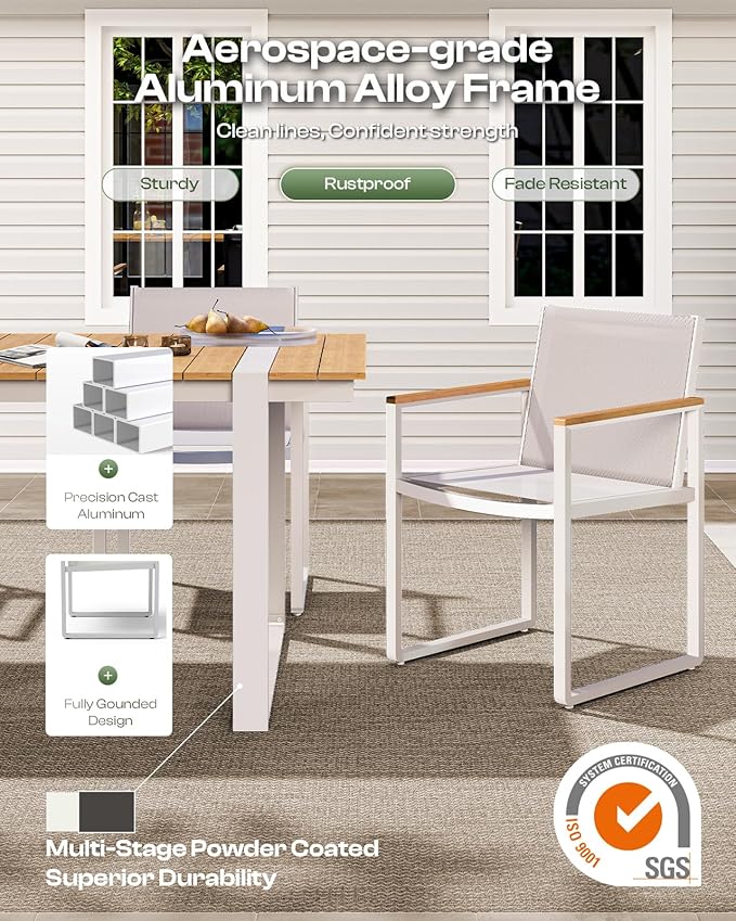 Outdoor Dining Chairs Set of 2, Aluminum Patio Dining Chiars with Textilene Mesh, 2 Piece Outdoor Chiars for Garden, Backyard, Deck (White-Teak) Oasbira