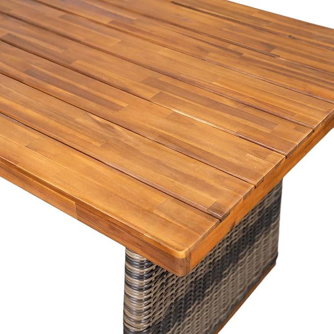 Christopher Knight Home Pasco Acacia Wood Outdoor Dining Table Set for 6, Wicker Patio Dining Set with Acacia Wood Table and Bench, Patio Table and Chair Set with Cushion+Rope Backrest,Black+Teak+Grey ChristopherKnightHome