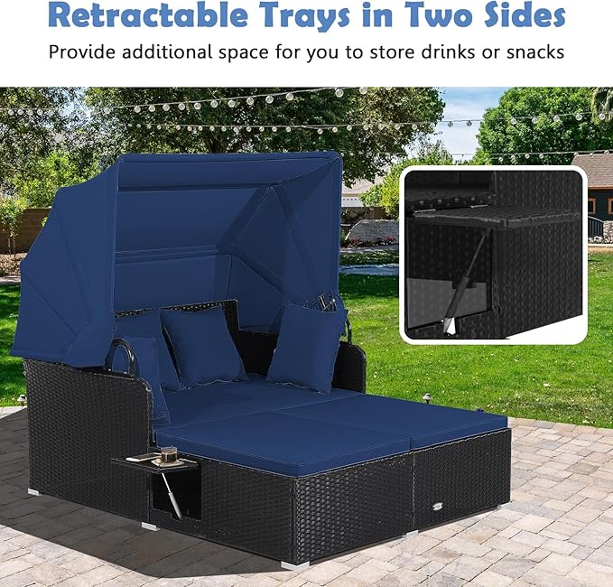 Tangkula Patio Rattan Daybed with Retractable Canopy, Outdoor Wicker Sunbed Lounger with 2 Foldable Side Tables, Thick Seat & Back Cushions, Outside Double Daybed for Garden, Backyard, Porch, Navy TANGKULA