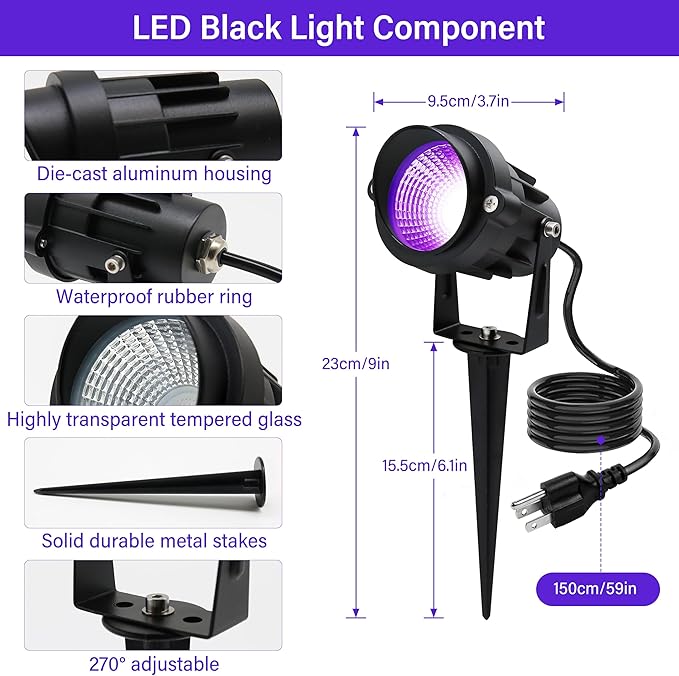 Halloween Outdoor Blacklight Spotlight,12W Outdoor Black Lights for Glow Party,Purple LED Landscape Lighting for Yard Garden Poster Bar Decoration,4Pack Qeeanmo