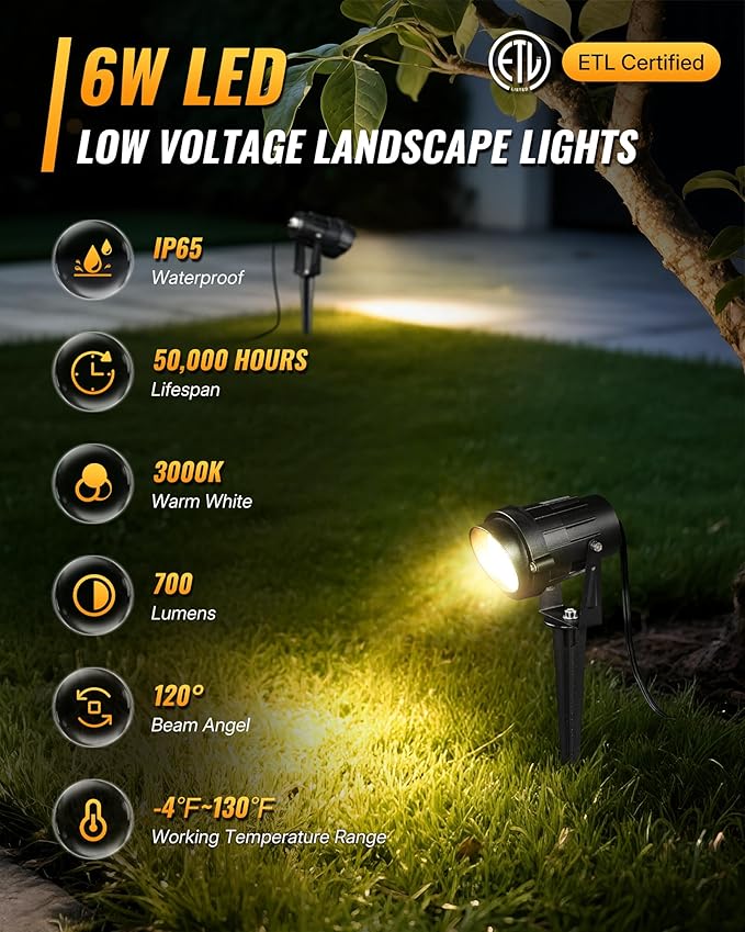 6W 700LM Low Voltage Landscape Lighting, 12V AC/DC 3000K Warm White LED Low Voltage Landscape Lights, IP65 Waterproof Outdoor Spotlights with Connectors for Garden Tree Yard 4 Pack W01SLP406 Wilawels