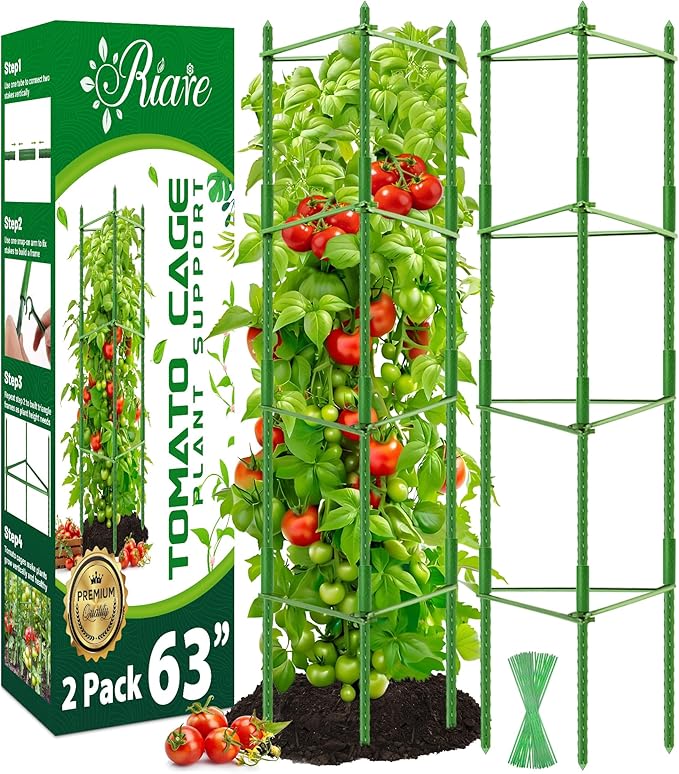 Riare 2 Pack 5.2 FT Tomato Cages for Garden- 63inches Heavy Duty Garden Stakes, Adjustable Tall Tomato Plant Support Tomato Trellis Cage for Pots, Raised Garden Bed, Climbing Vegetables Plants Flowers Riare