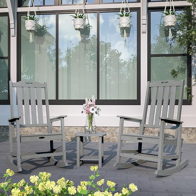 Oversized Rocking Chair Set of 4, Outdoor Rocking Chair for Adults, All Weather Resistant Porch Rocker for Lawn Garden, Grey THOEOE