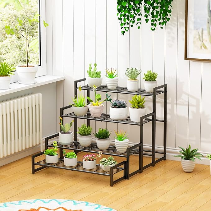 Garden 4 you 4 Tier Stair Style Large Metal Plant Stand Stackable, Garden Display Shelf Flower Pot Holder Storage Organizer Rack for Indoor Home Outdoor Patio Balcony Yard( Black,Rectangle) Garden4you