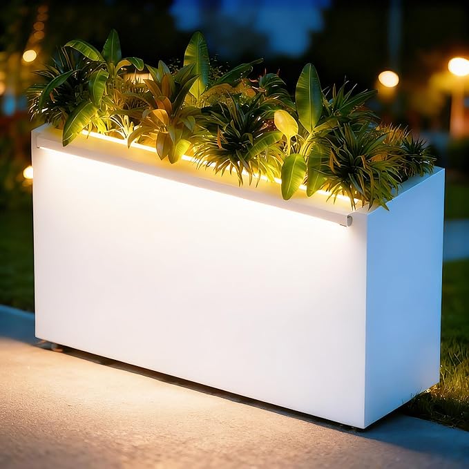 GSK 30" L White LED Metal Planter with Light Outdoor Illuminate Magnetic 3000K Lighting Strips Rectangular Flower Box Rectangle Trough Drainage Holes Indoor Patio Balcony Garden GSK