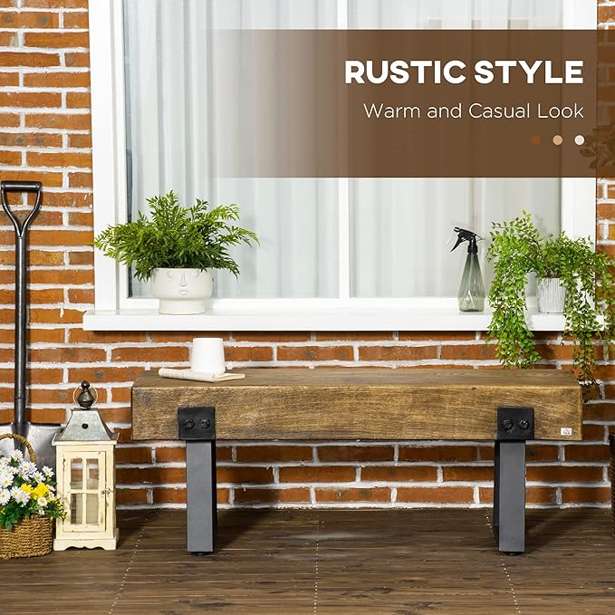 HOMCOM Garden Bench with Metal Legs, Rustic Wood Effect Concrete Entryway Bench, End of Bed Bench, Indoor Outdoor Use for Patio, Park, Porch and Lawn, Natural and Black HOMCOM