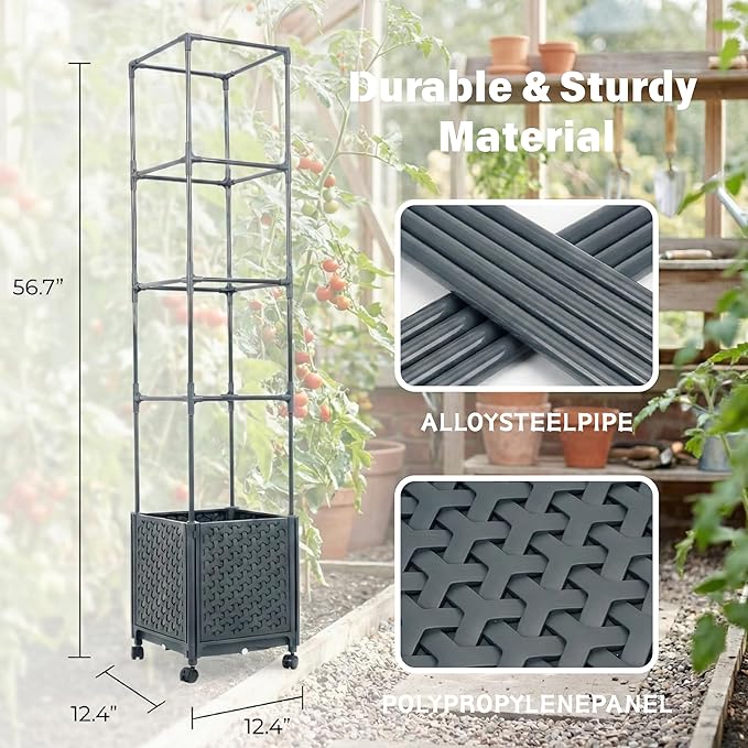 Raised Garden Bed with Tomato Planter Cage, 56.7” Trellis Planter Boxes with Wheels for Outdoor Patio Greenhouse Gardening Climbing Vegetables MakeYourGardenBeautiful