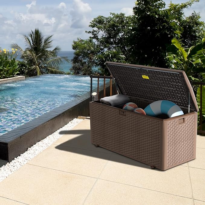 TARKARI Premium Pro Edition 180 Gallon Lockable Resin Deck Box, Waterproof & UV-Resistant Outdoor Storage Box for Outdoor Cushion Storage, Garden Tools & Pool Accessories Storage, Brown Home
