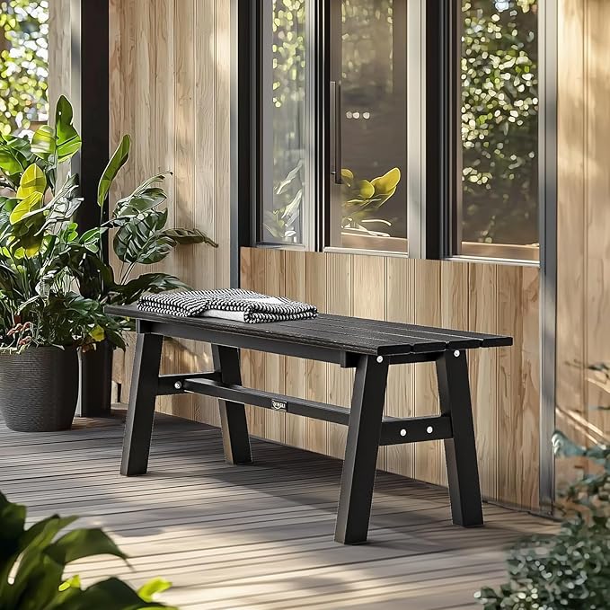 VINGLI 47” Outdoor HDPE Bench, Weatherproof Garden Bench w/Metal Legs, Poly Lumber Porch Benches, 660 LBS Capacity Outdoor Backless Patio Benches for Entryway Deck (Black) VINGLI