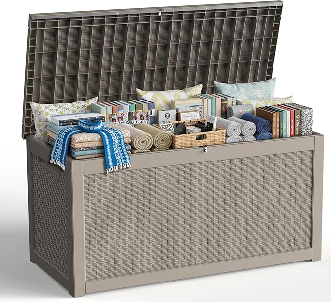 320 Gallon Outdoor Storage Box,Large Waterproof UV Resistant Deck Box,Lockable Storage Container for Patio Furniture Cushions Garden Tools and Pool Accessories(Gray) Rootora