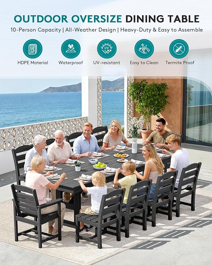 SERWALL 11 Piece Outdoor Dining Set, 84" HDPE Outdoor Table and Chairs for 10，All Weather Patio Furniture Set with Umbrella Hole for Backyard, Garden, Black SERWALL
