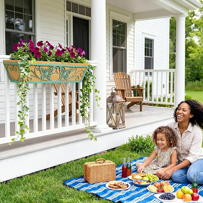 4 Pack 24 Inch Window Boxes Planter Railing Planters Box with Adjustable Brackets for Porch Deck Balcony Hanging Butterfly Decorative Flower Baskets & Non-Woven Fabric Liner for Outdoor Plants - Green KarlliuHOMEGARDEN