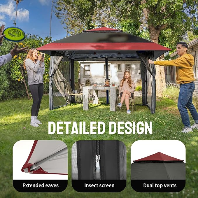 CROWN SHADES 13x13 Pop Up Gazebo, Canopy Tent, Gazebos on Clearance - Outdoor Gazebo for Backyard & Patio Furniture - Carpa Pop Up Tent with Wheeled STO-N-Go Cover Bag (Red & Grey) CrownShades