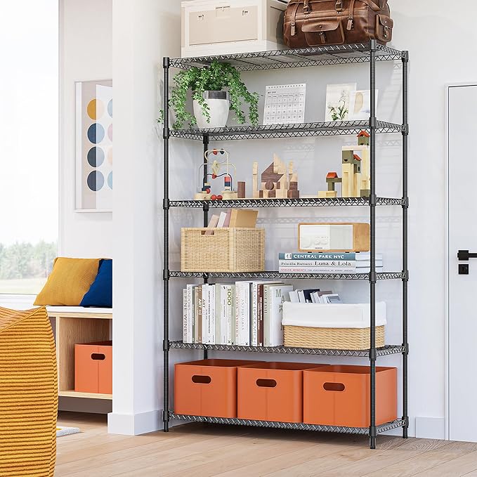6 Tiers Storage Shelves Load 2100LBS, Metal Shelving Wire Metal Shelving Unit Shelves for Storage Adjustable Garage Shelving for Pantry Kitchen Garage Black 17.7" D x 47.3" W x 82.4" H MEIGAOPLASTICANDMETALHKCOLIMITED