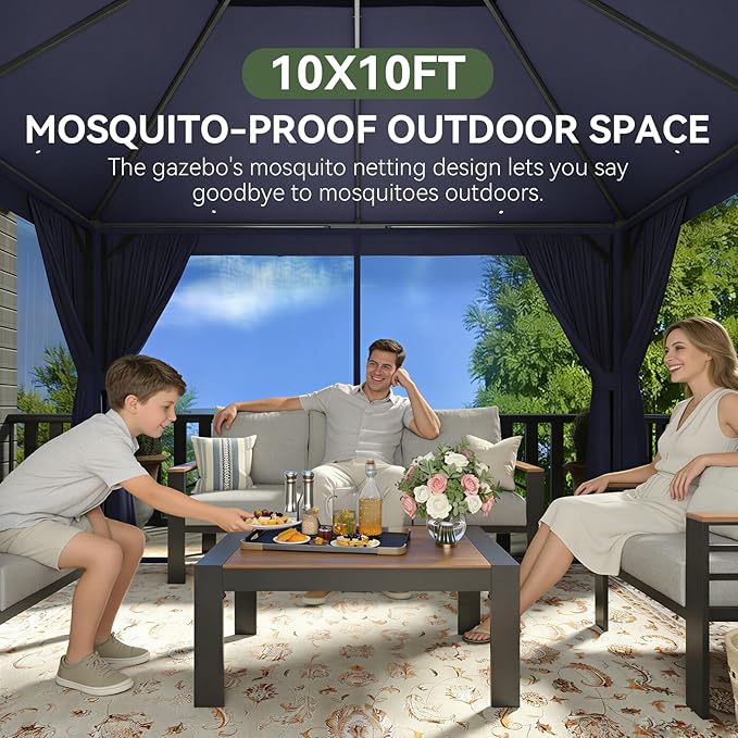 Aoxun Outdoor Gazebo for Patio 10x10 Metal Frame Canopy with Double Roofs Heavy Duty Party Tent and Shelter with Mosquito Netting and Privacy Screen for Backyard, Lawn, Garden, Deck (Navy Blue) Aoxun