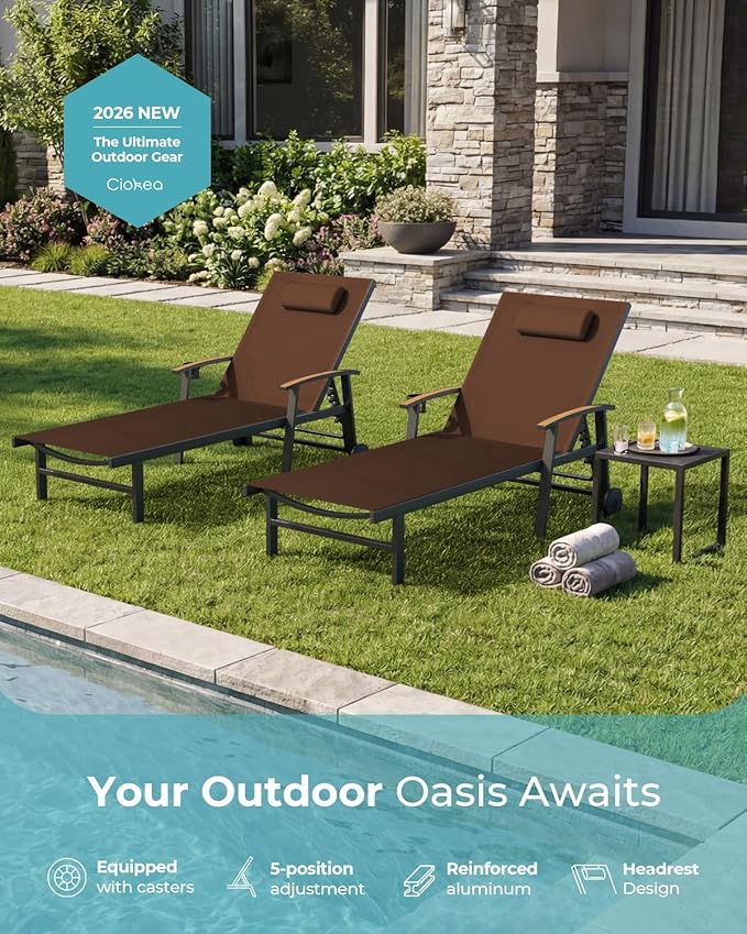 Ciokea Outdoor Lounge Chair with Pillow Set of 2, 5-Position Aluminum Chaise Lounge with Wheels & Armrests, 400 lbs Heavy Duty Patio Pool Chair for Backyard, Deck, Beach & Poolside, Brown CIOKEA