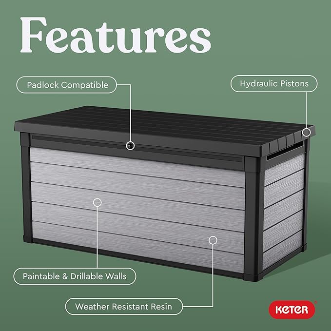 Keter Denali 150 Gallon Resin Large Deck Box with Double Wall 20mm Panels - Paintable and Drillable-Organization and Storage for Patio Furniture and Outdoor Items, Grey & Black Keter
