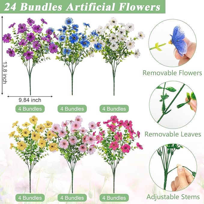 Bassion Artificial Flowers for Outdoors, 24 Bundles UV Resistant Fake Flowers Realistic Silk Faux Plants for Outdoor Planter Window Box Porch Patio Garden Home Outside Decorations Bassion