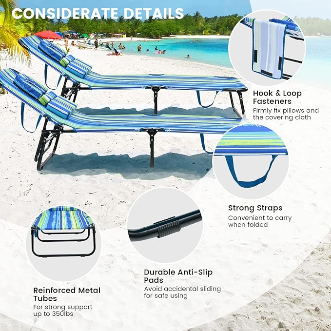 GYMAX Tanning Chair, 350lbs Beach Lounge Chair with Face Hole, Washable Pillow & Carry Strap, Adjustable Folding Chaise Lounge, Layout Lounger for Outside, Patio, Poolside, Lawn (2, Stripe) GYMAX
