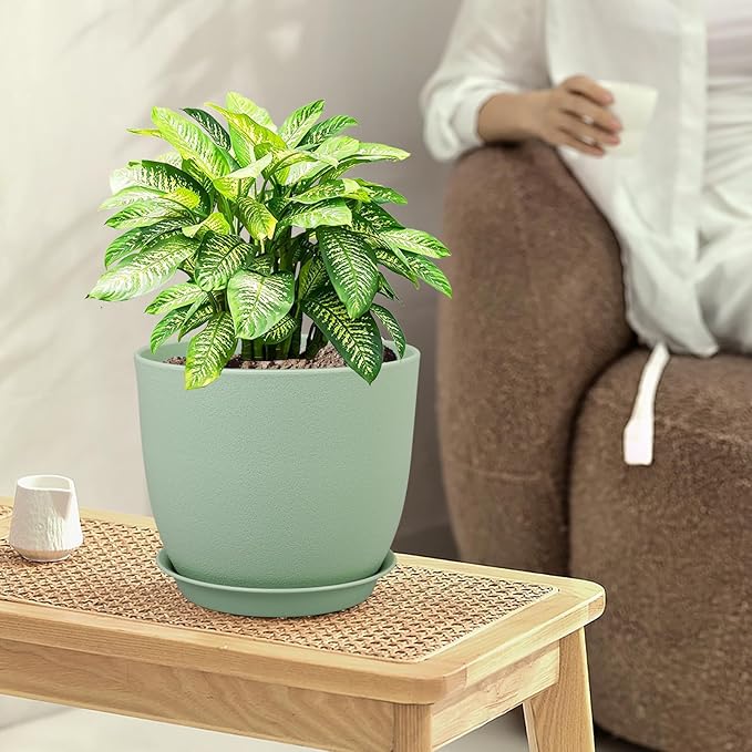 Large Plant Pots 12/10/9 inch, Set of 3 Modern Decorative Plastic Planters with Drainage Holes and Saucers, Flower Pots for Indoor Outdoor Plants, Green WSMKSZ
