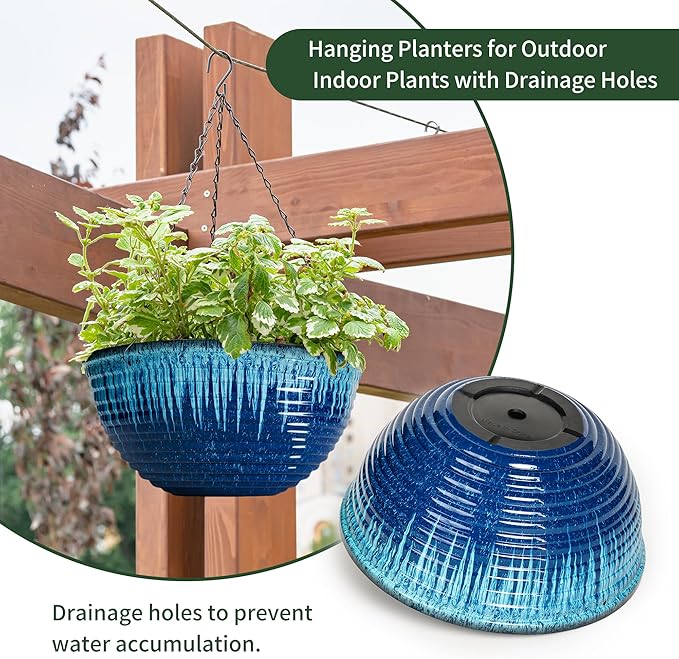 12 inch Hanging Planters for Indoor Outdoor Plants, 2 Pack Large Hanging Flower Pots with Drainage Holes and Chain, Glazed Hanging Baskets for Home Garden Decoration (Blue Flow Glaze) Vanslogreen