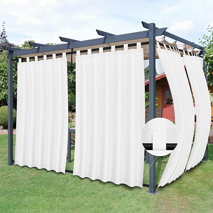 Easy-Going Outdoor Patio Curtains Detachable Tab Top Windproof Weatherproof Curtain for Cabana, Porch, Pergola and Gazebo, Tab Bottom Drape, 2 Panels, 54W x 84L inch, White Easy-Going