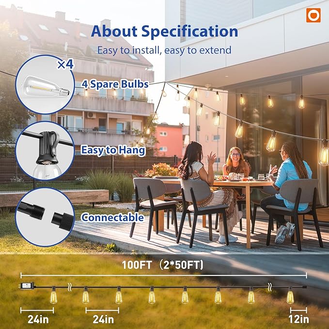 addlon 100FT(50FT*2) LED Outdoor String Lights with Remote Waterproof Patio Lights with 54 Shatterproof ST38 Replaceable Bulbs(4 Spare), Dimmable Outside Hanging Lights Connectable for Porch, Backyard addlon